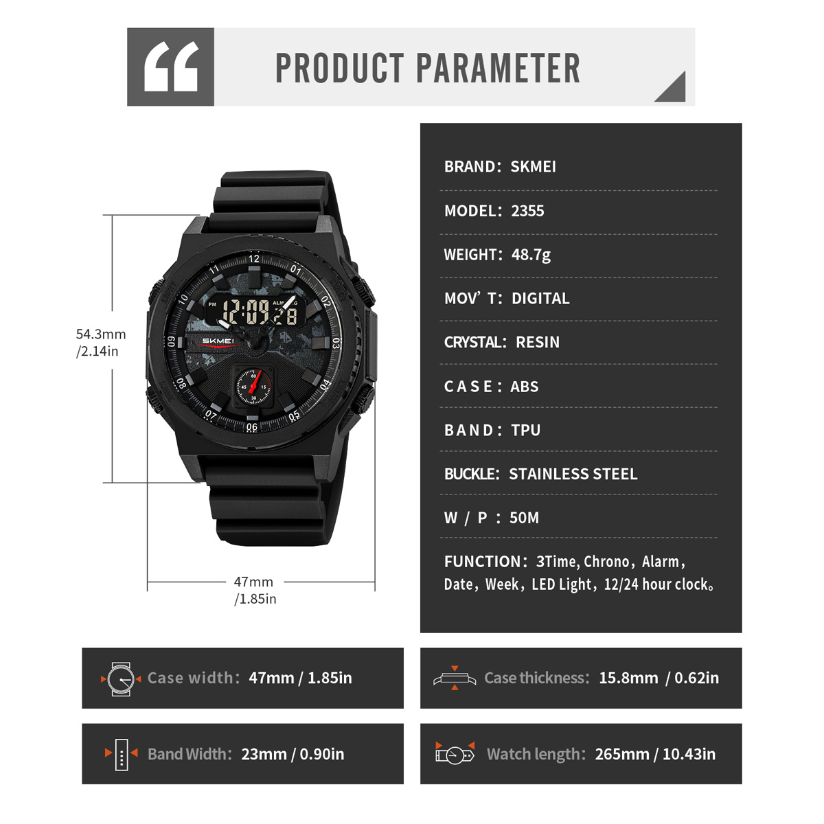 Official SKMEI 2355 5atm Analogue Digital watch 
