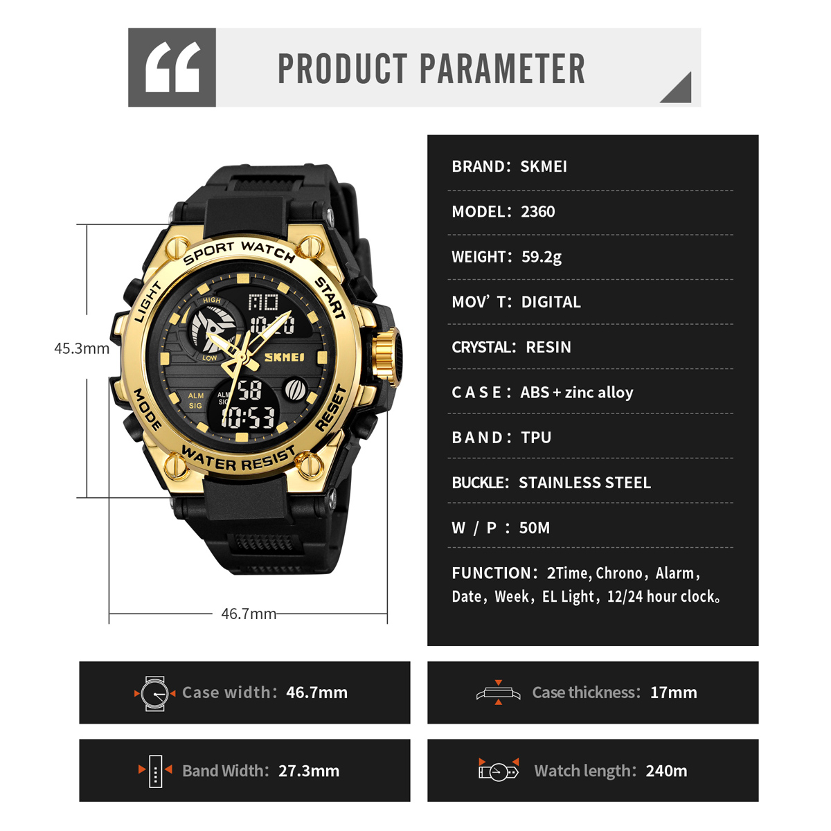 SKMEI 2360 Wholesale Digital Display Large Dial Outdoor Sports Watches