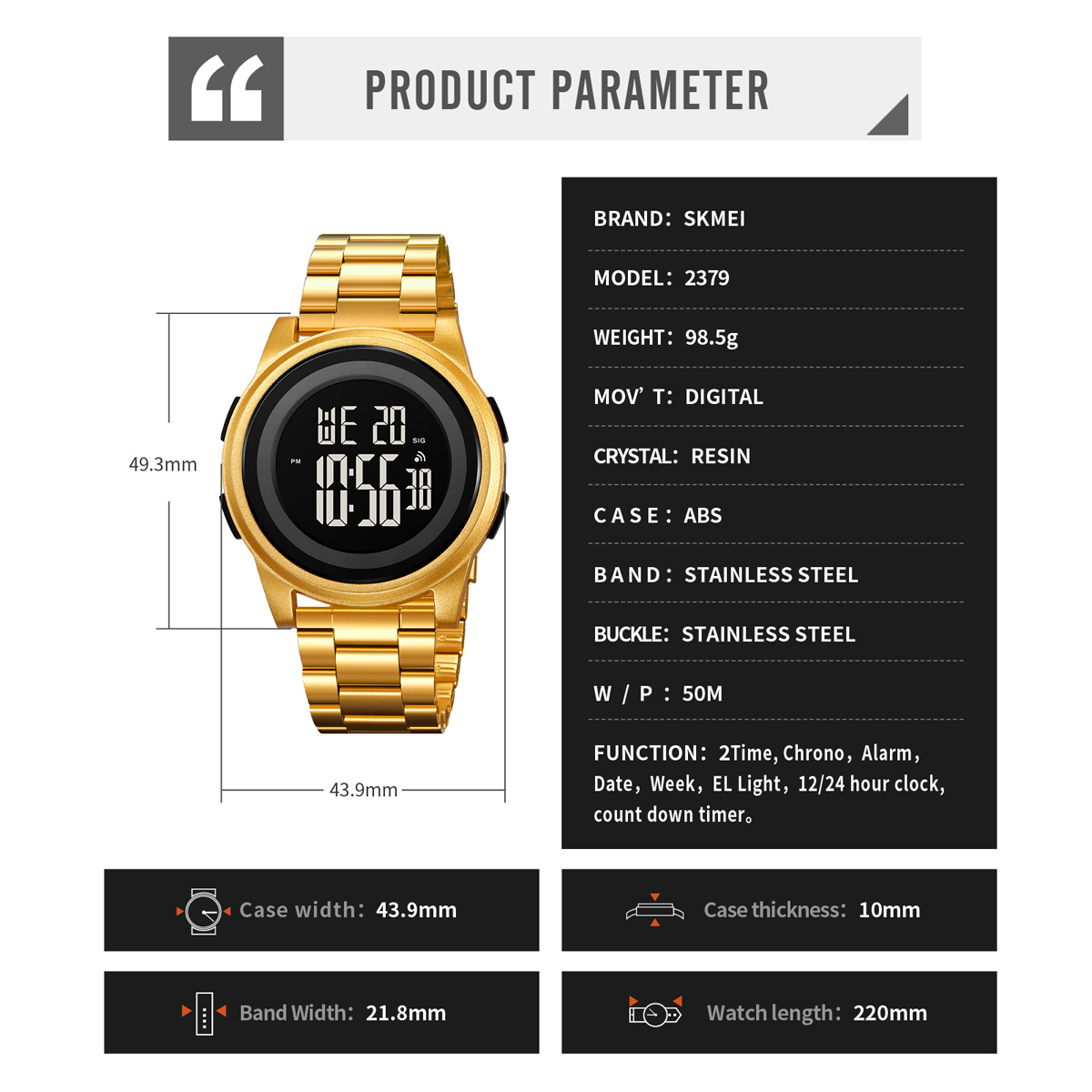 SKMEI 2379 Reloj De Hombre Electronic Metal Chronograph Watch