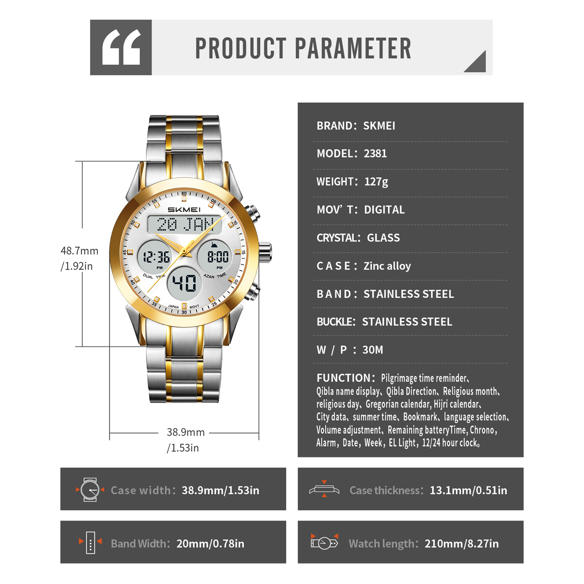 Skmei 2381 Arabic Islamic Qibla Jam Tangan Saat Wrist Watch