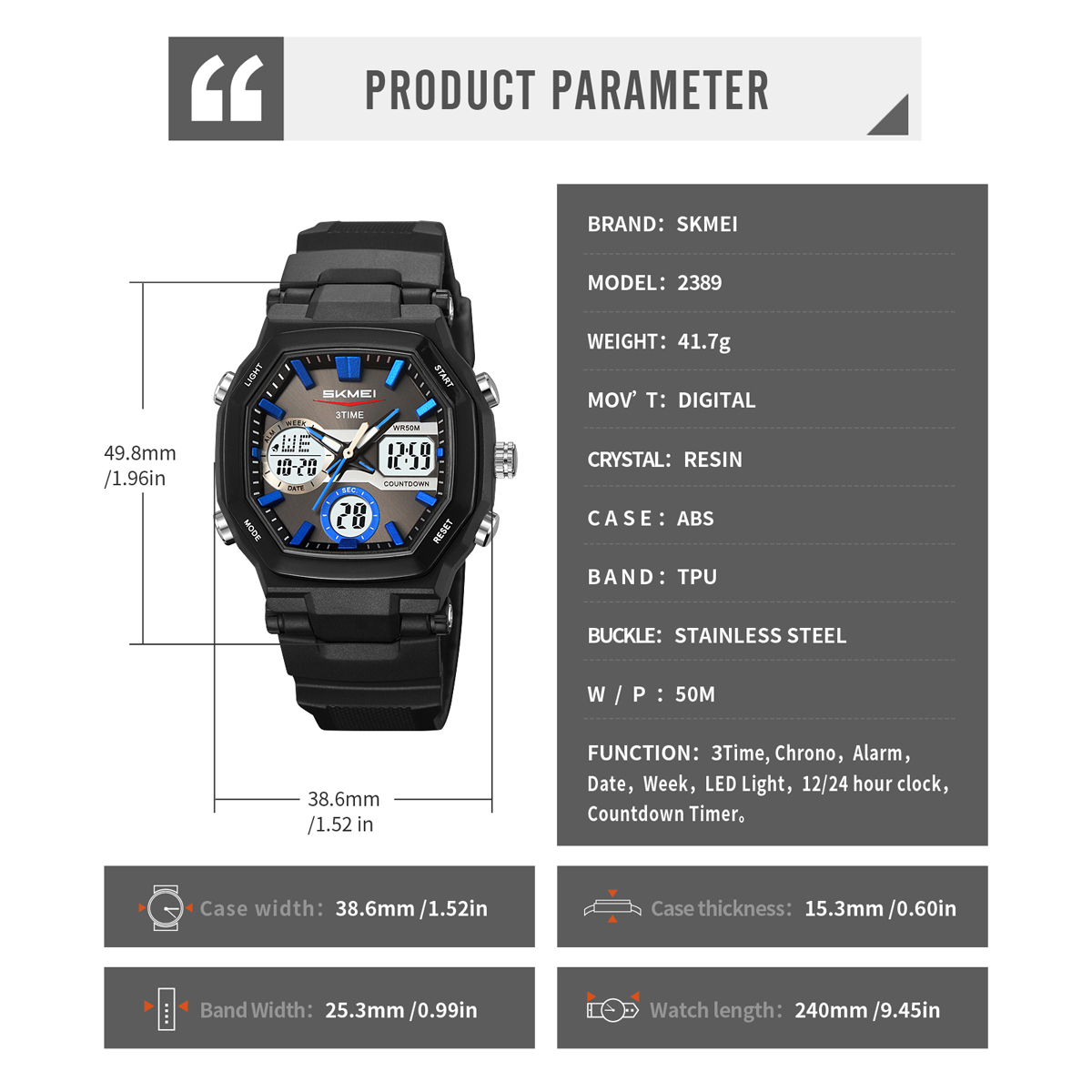SKMEI 2389 Dual Time LED Light Chronograph Watch