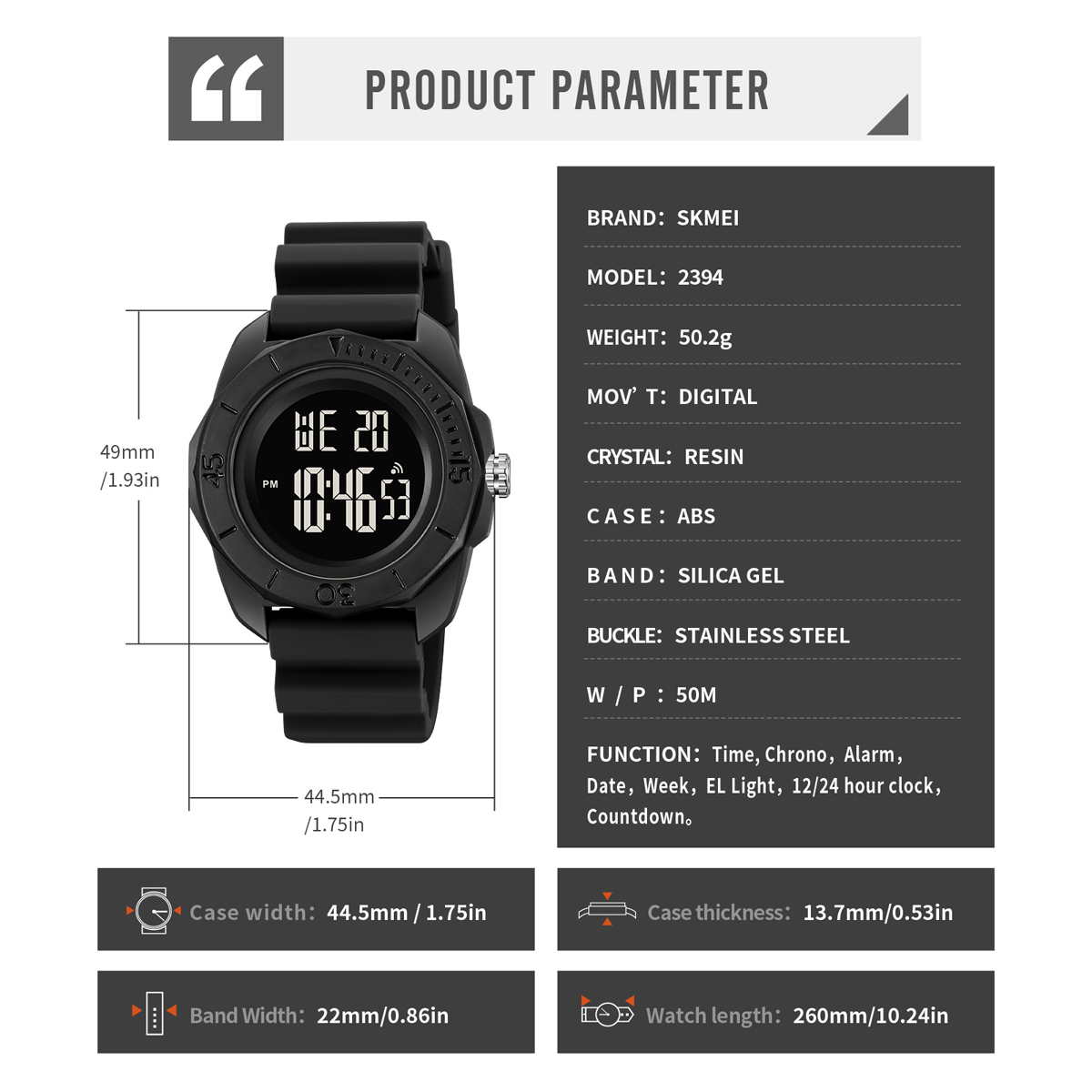 SKMEI 2394 50m Waterproof Sport Electronic Watches