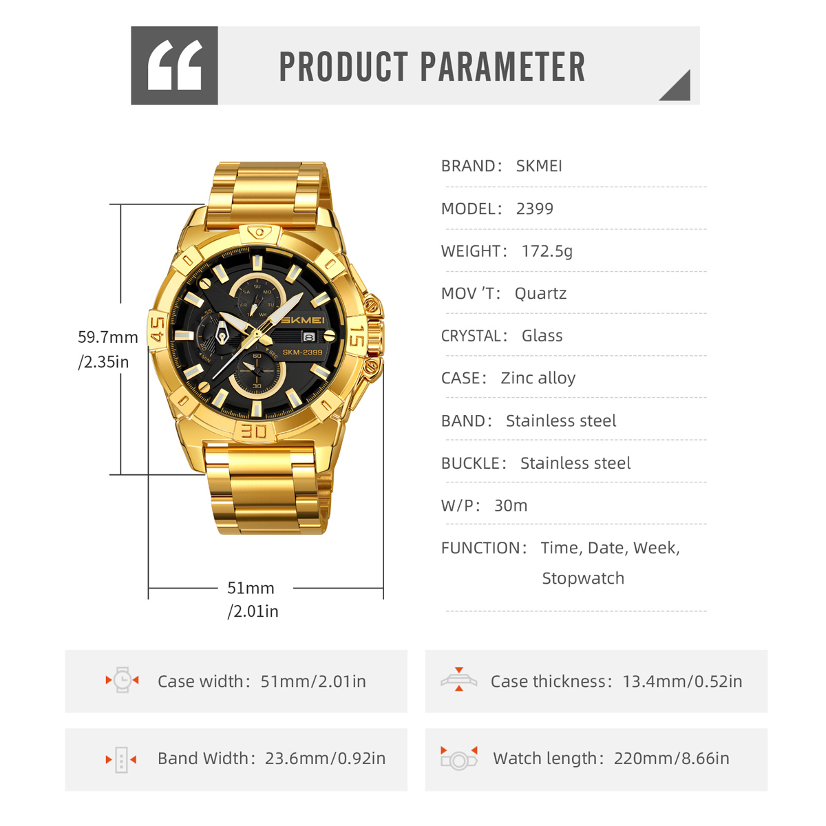 SKMEI 2399  Multifunctional Six-hand Steel Strap Waterproof  Wristwatch