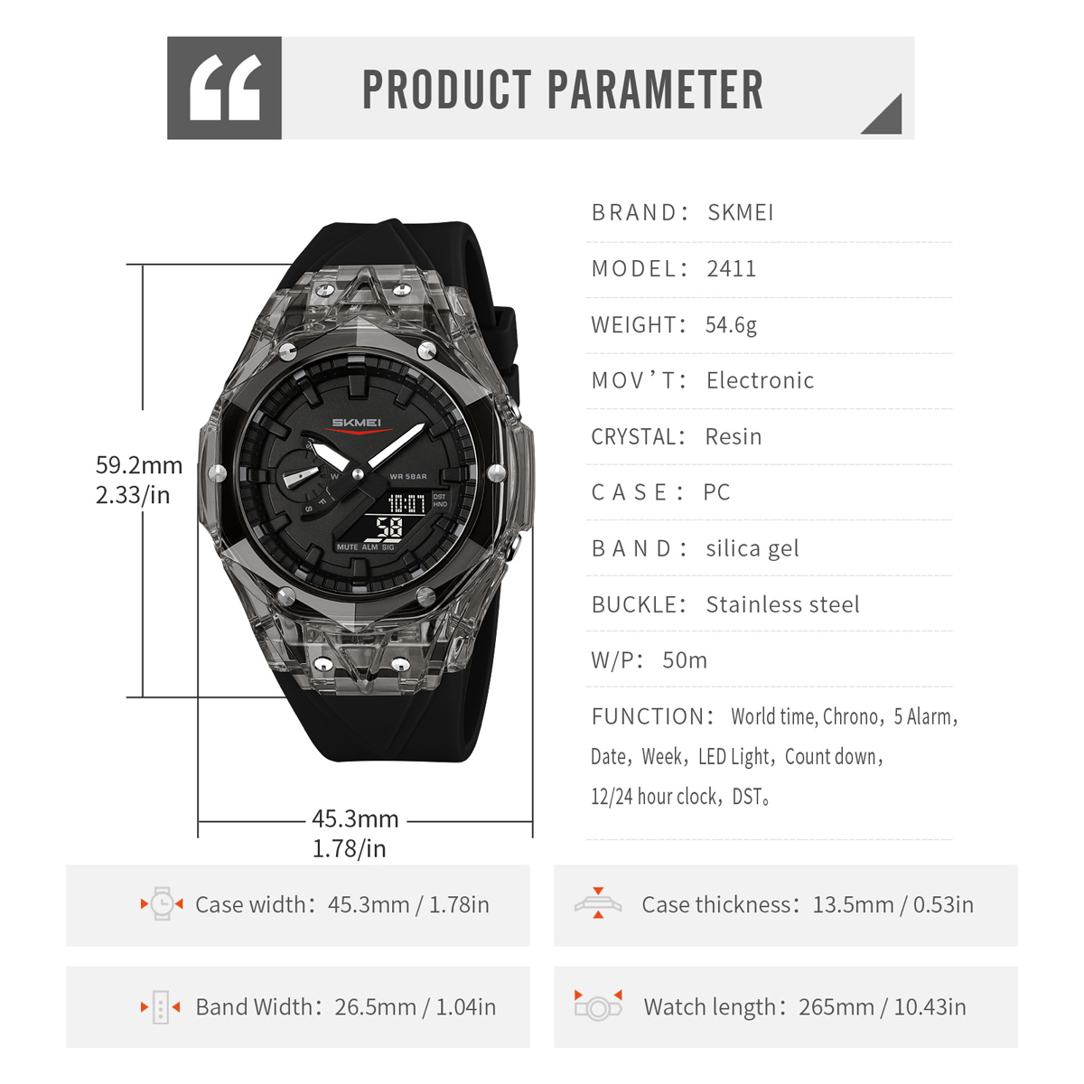 SKMEI 2411 Fashion Analog Digital Alarm Watch Wholesale 