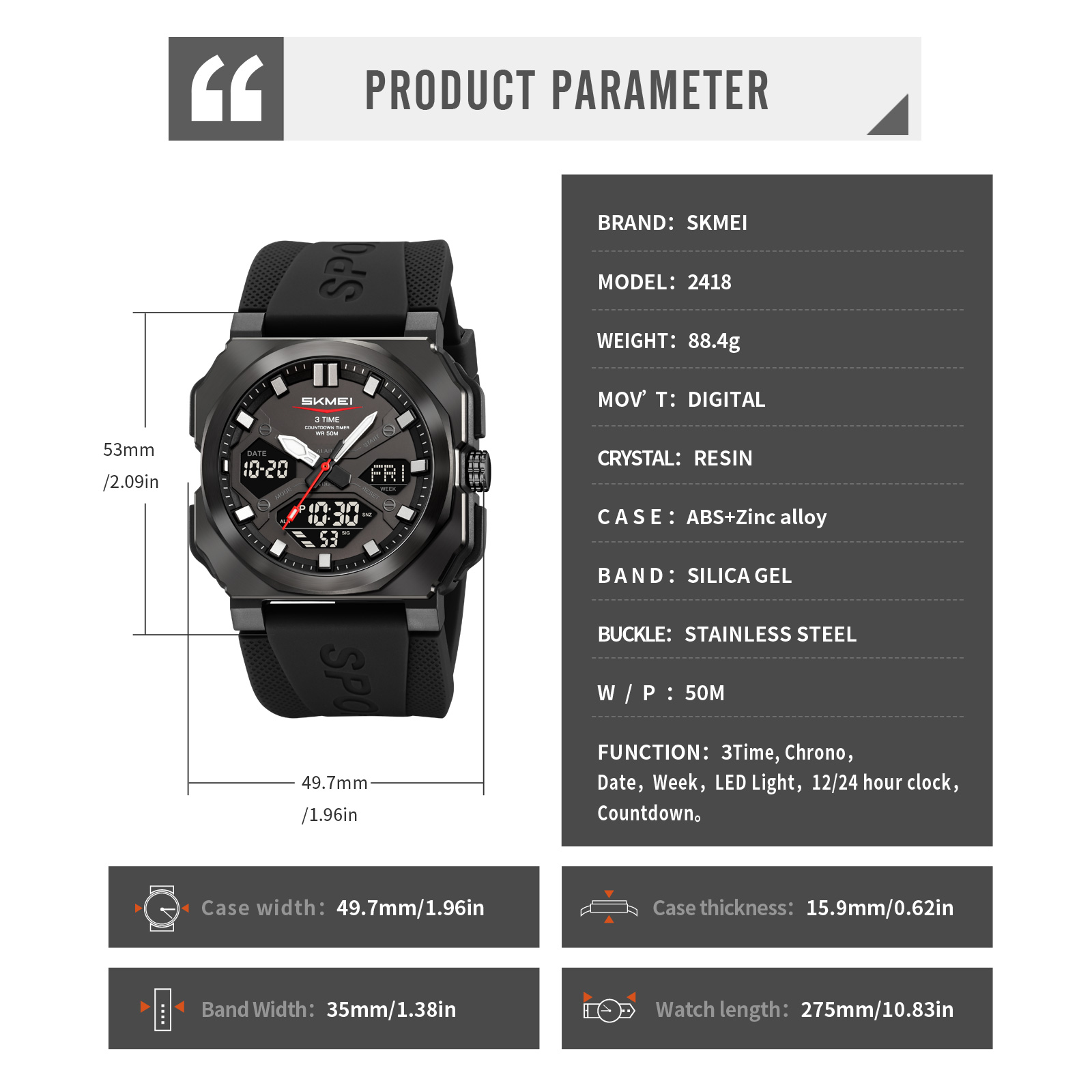 SKMEI 2418 Watch Waterproof Mens Analog Digital Electronic 