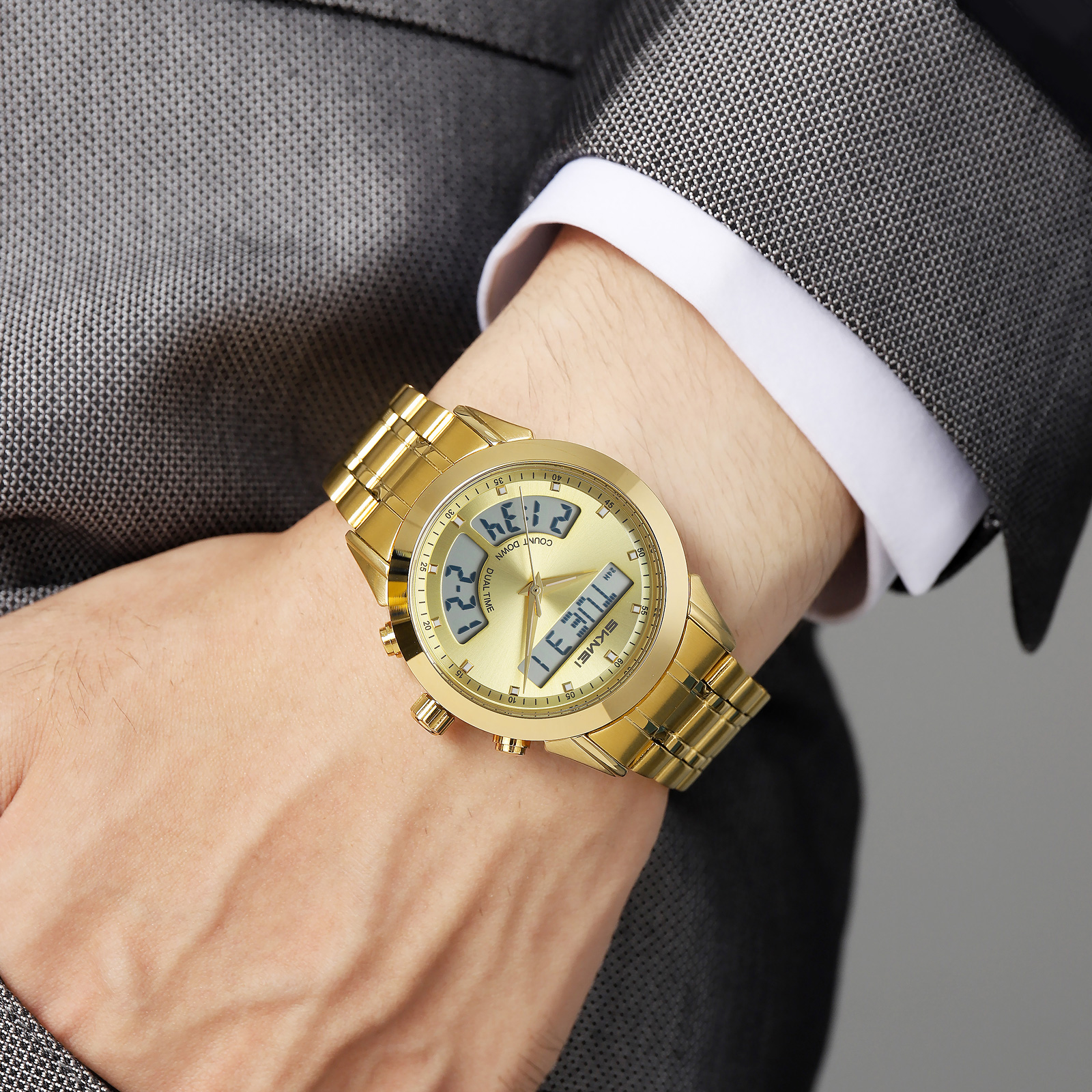 SKMEI 2445 Men's Luxury Stainless Steel Wristwatch Analog-Digital Dual Time