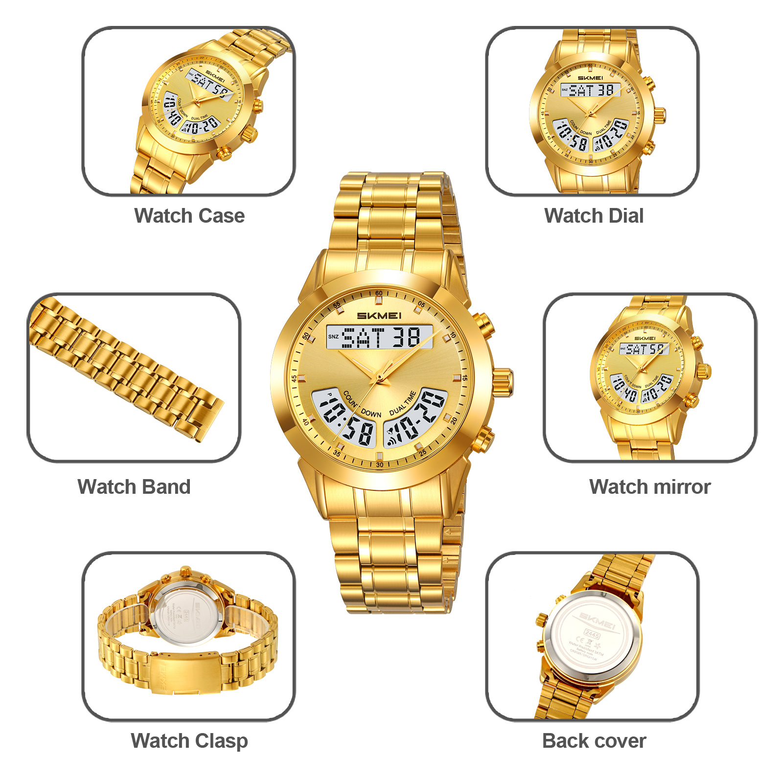 SKMEI 2445 Men's Luxury Stainless Steel Wristwatch Analog-Digital Dual Time