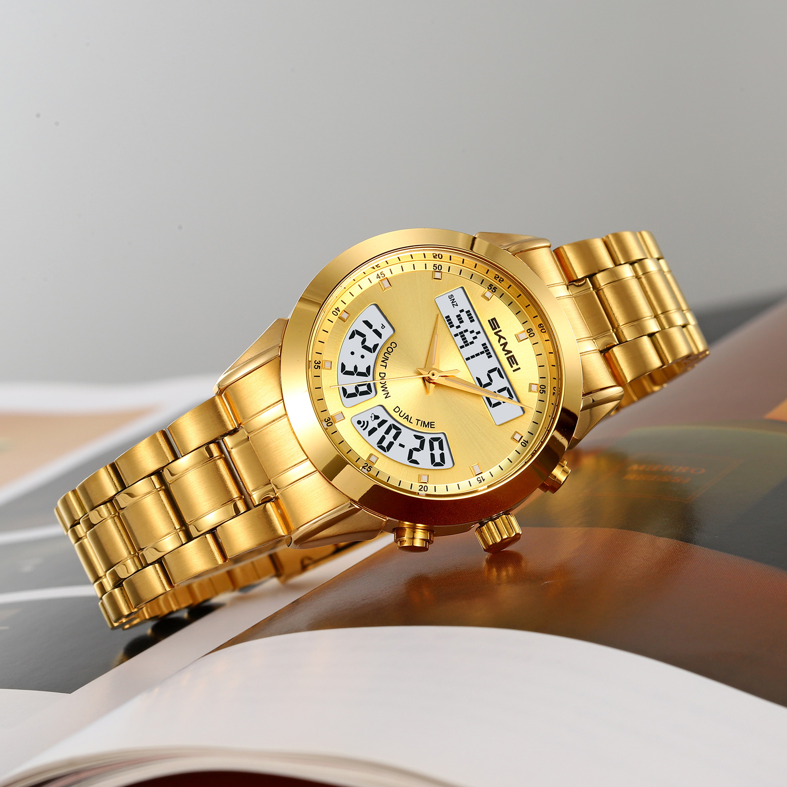 SKMEI 2445 Men's Luxury Stainless Steel Wristwatch Analog-Digital Dual Time