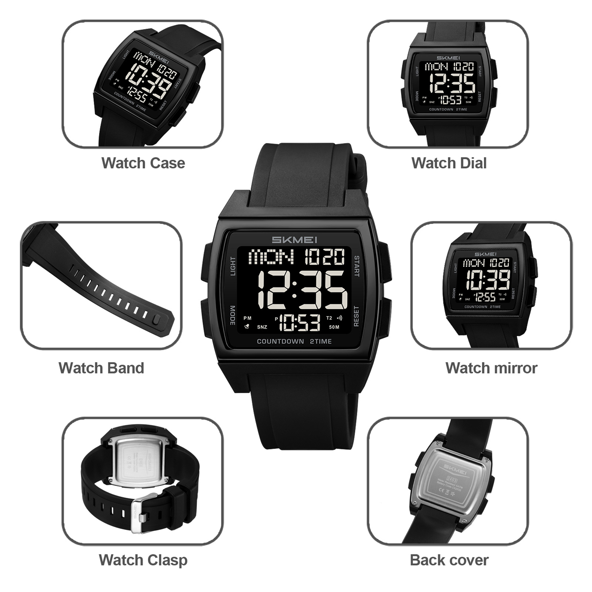 SKMEI 2453 Square Big Numbers Dial Large Face Waterproof Watches