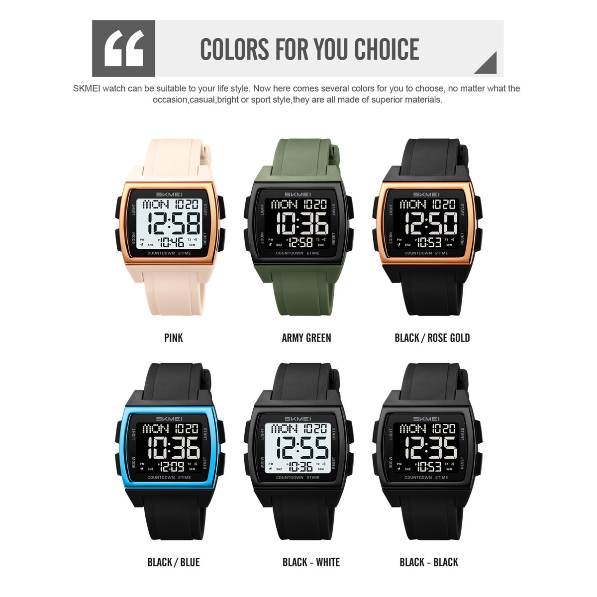 SKMEI 2453 Square Big Numbers Dial Large Face Waterproof Watches