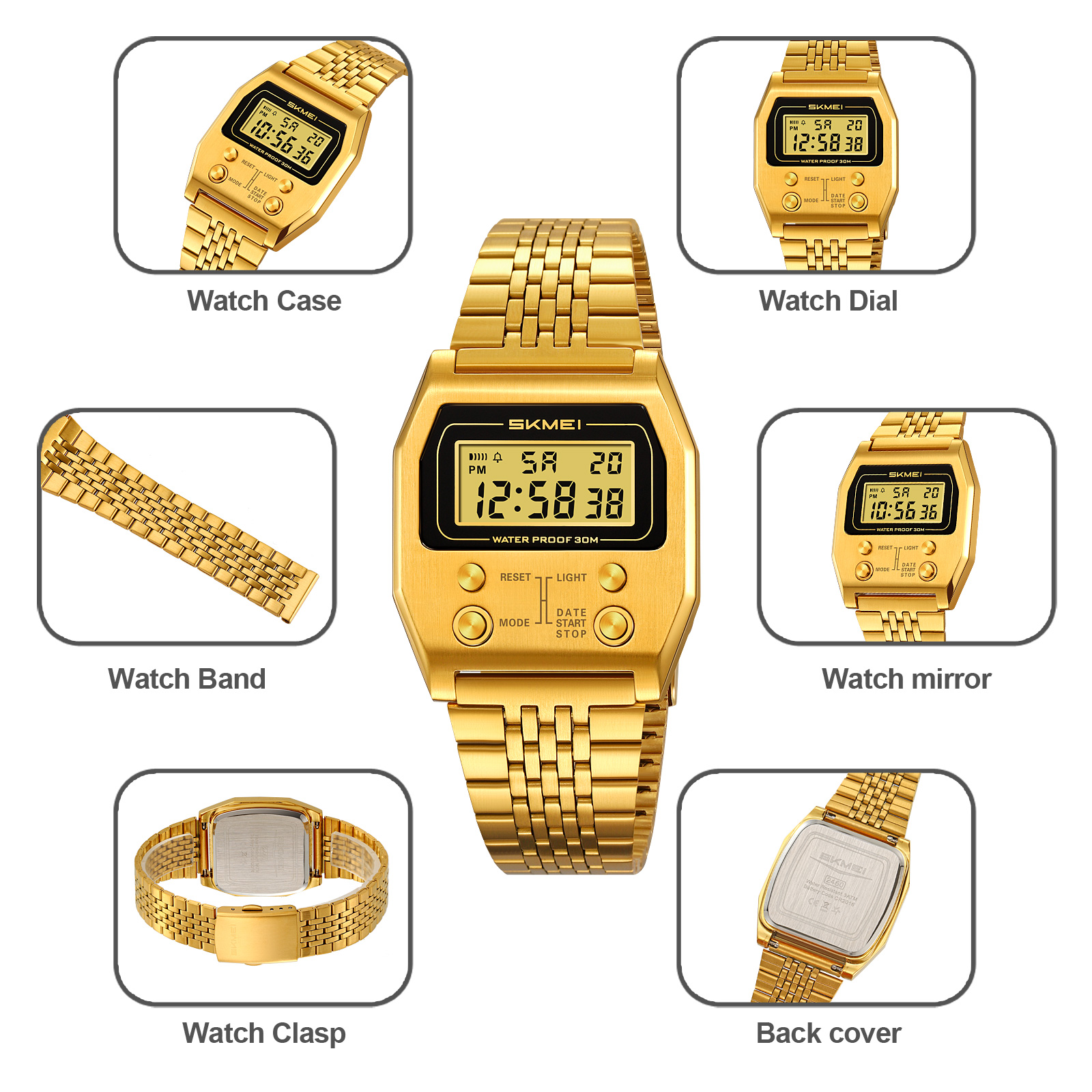 SKMEI 2460 Popular Stainless Steel Sport Watches Digital Watches China Fashion Alarm Relogio