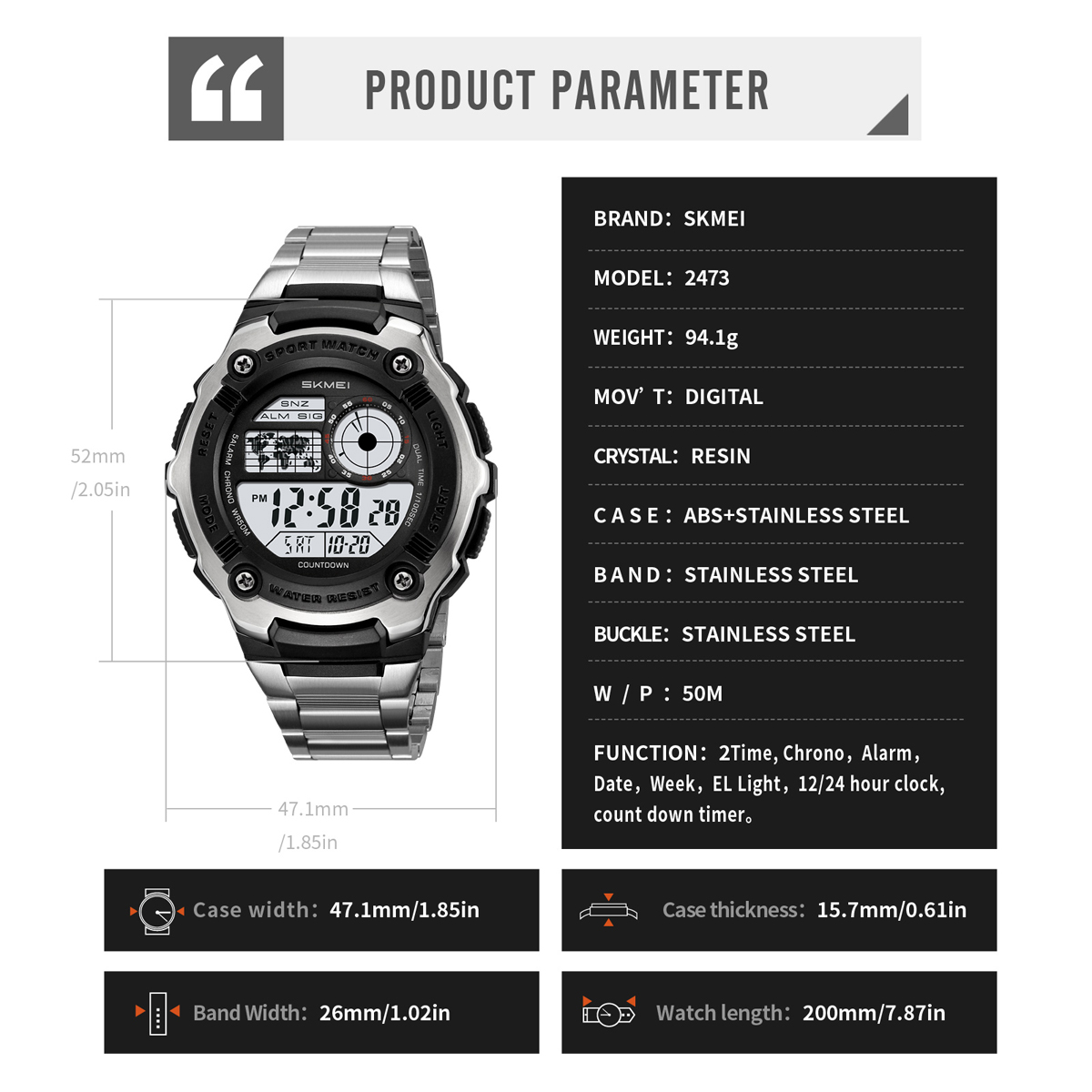 SKMEI 2473 Luxury Business Mens Digital Watch Fashion Electronic