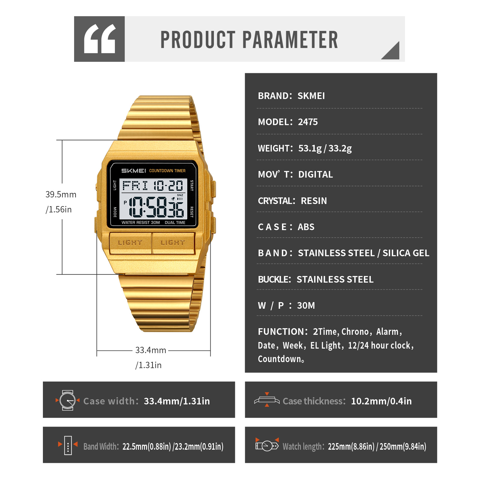 SKMEI 2475 Men's Simple Wristwatch Waterproof Alarm Luminous Spring Band