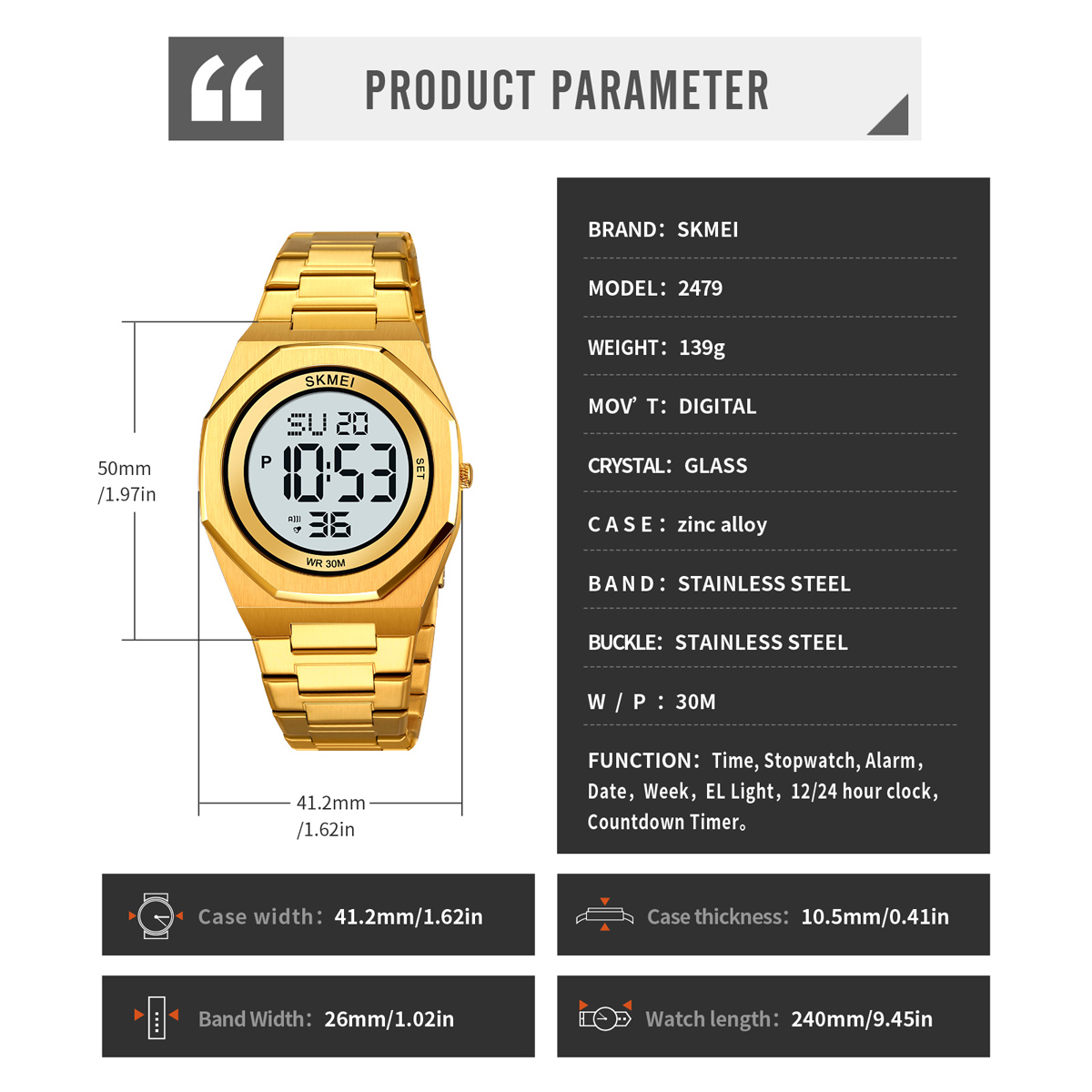 SKMEI 2479 Digital Watch for Man Stop Watch Time Reminder