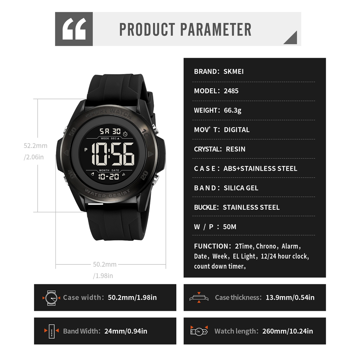 Skmei Original Factory Men's Model 2485 Sport Digital Black Classic Watch