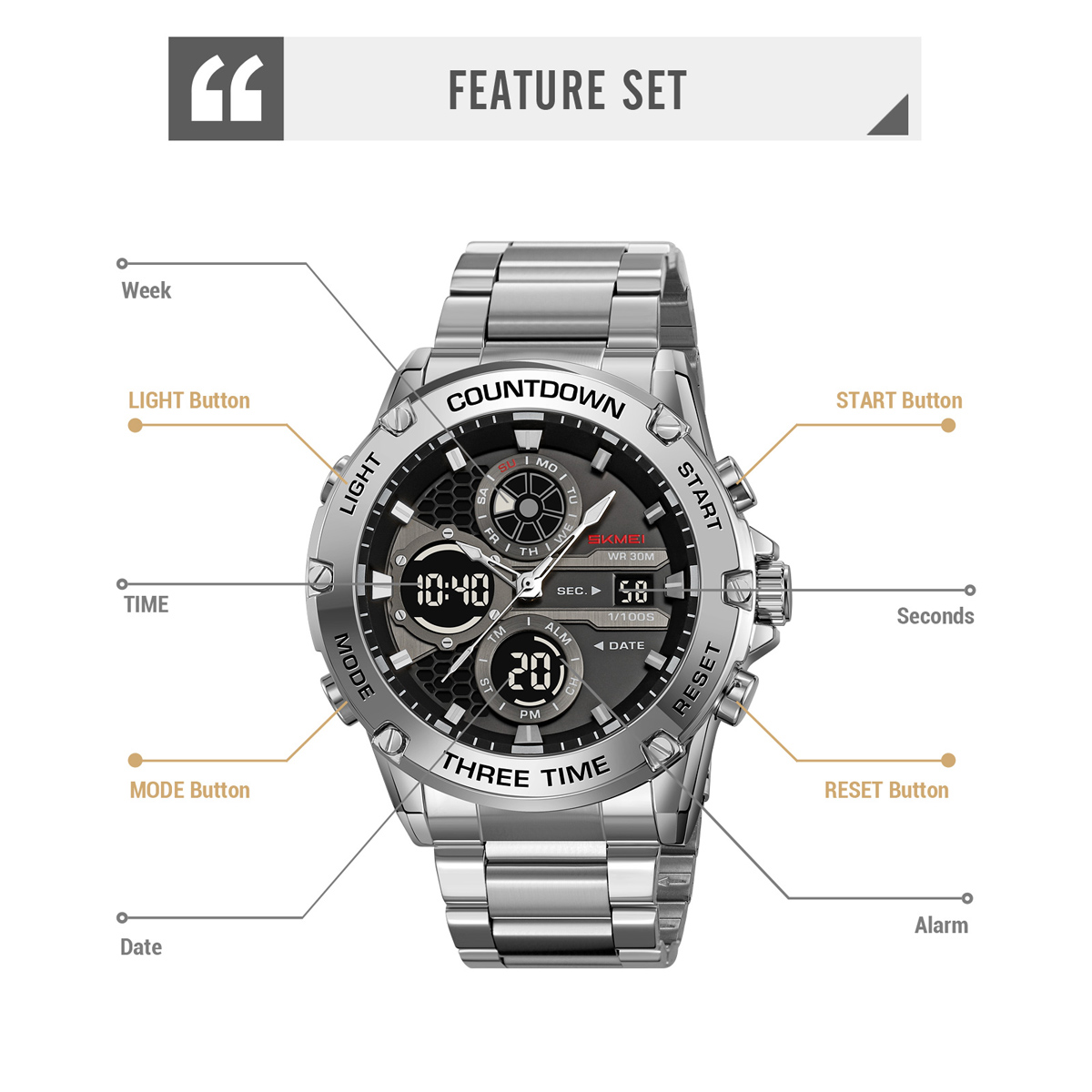 SKMEI 2502 Fashion Waterproof Dual Display Men Sport Relojes Wrist Digital Watch