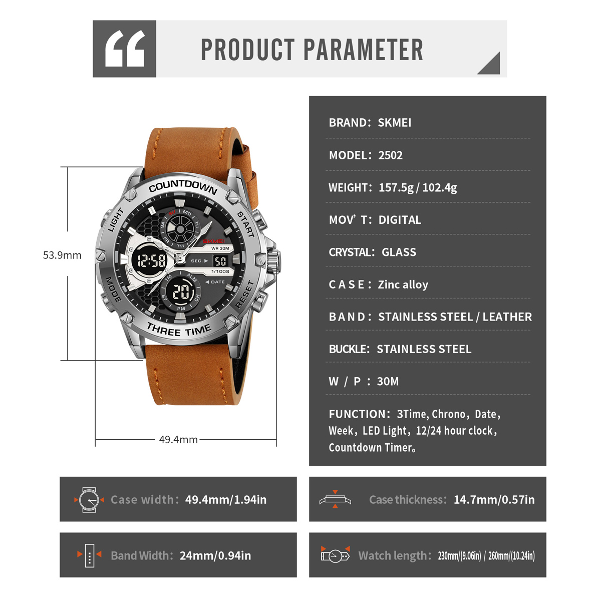 SKMEI 2502 Fashion Waterproof Dual Display Men Sport Relojes Wrist Digital Watch