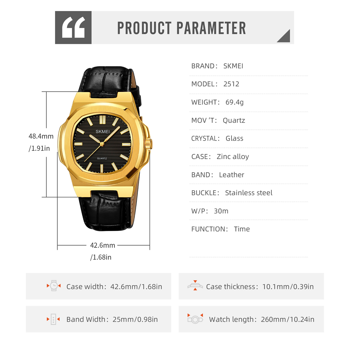 Fashion Watch SKMEI 2512 Quartz Watch Genuine Leather Band