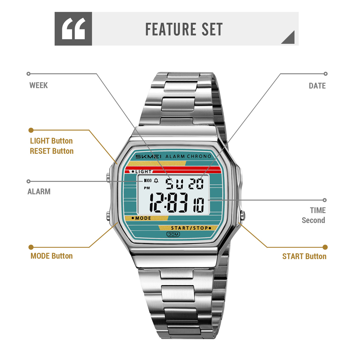 SKMEI 2514 Man Digital Watch Stainless Steel Band Water Proof Calender Watch Manufacturer