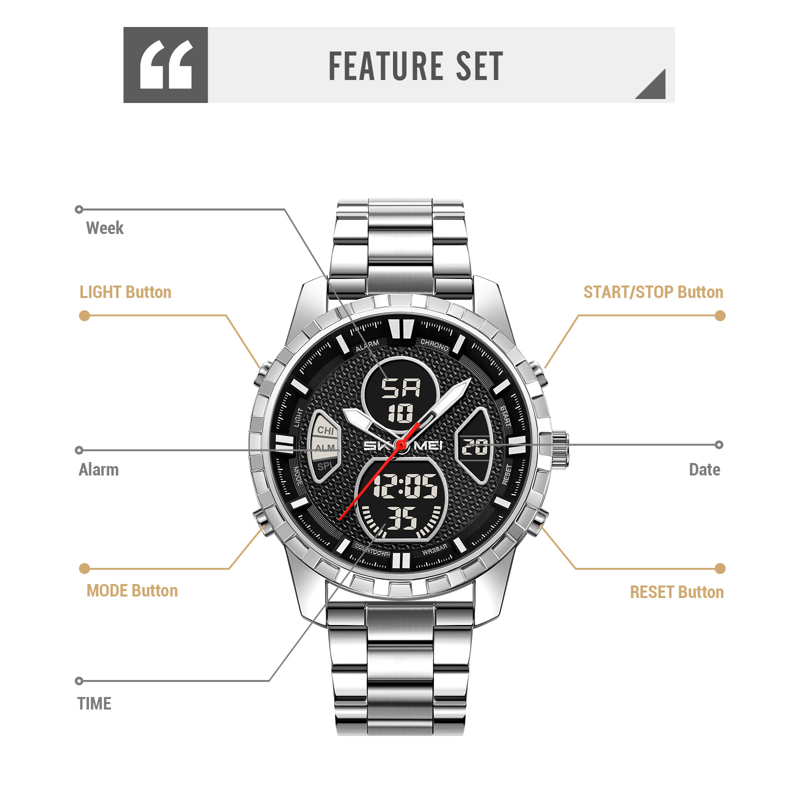 SKMEI 2516 METAL ANALOG DIGITAL WATCH WHOLESALE