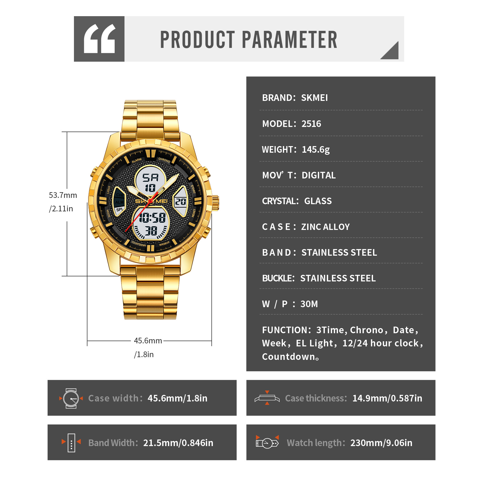 SKMEI 2516 METAL ANALOG DIGITAL WATCH WHOLESALE