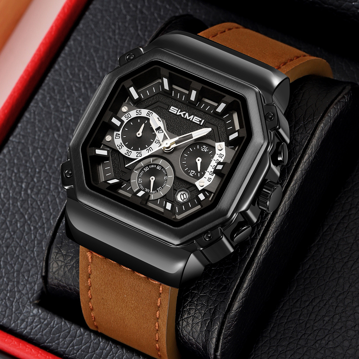 SKMEI 2518 Leather Silicone Strap Shock Outdoor Sport Analog Men Quartz Watch