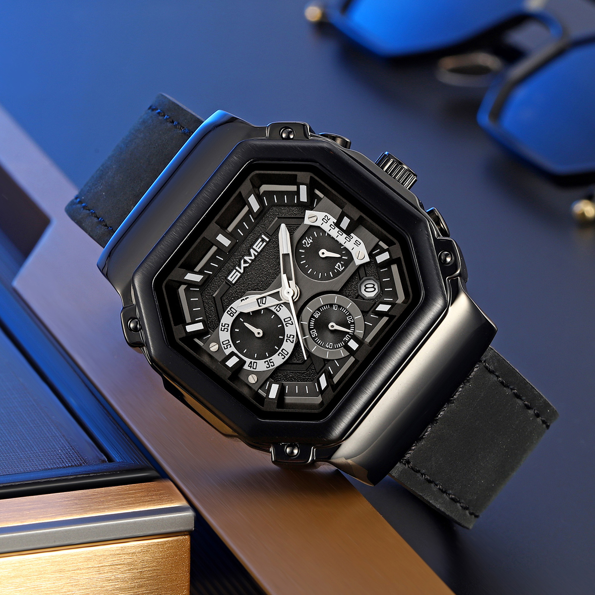 SKMEI 2518 Leather Silicone Strap Shock Outdoor Sport Analog Men Quartz Watch