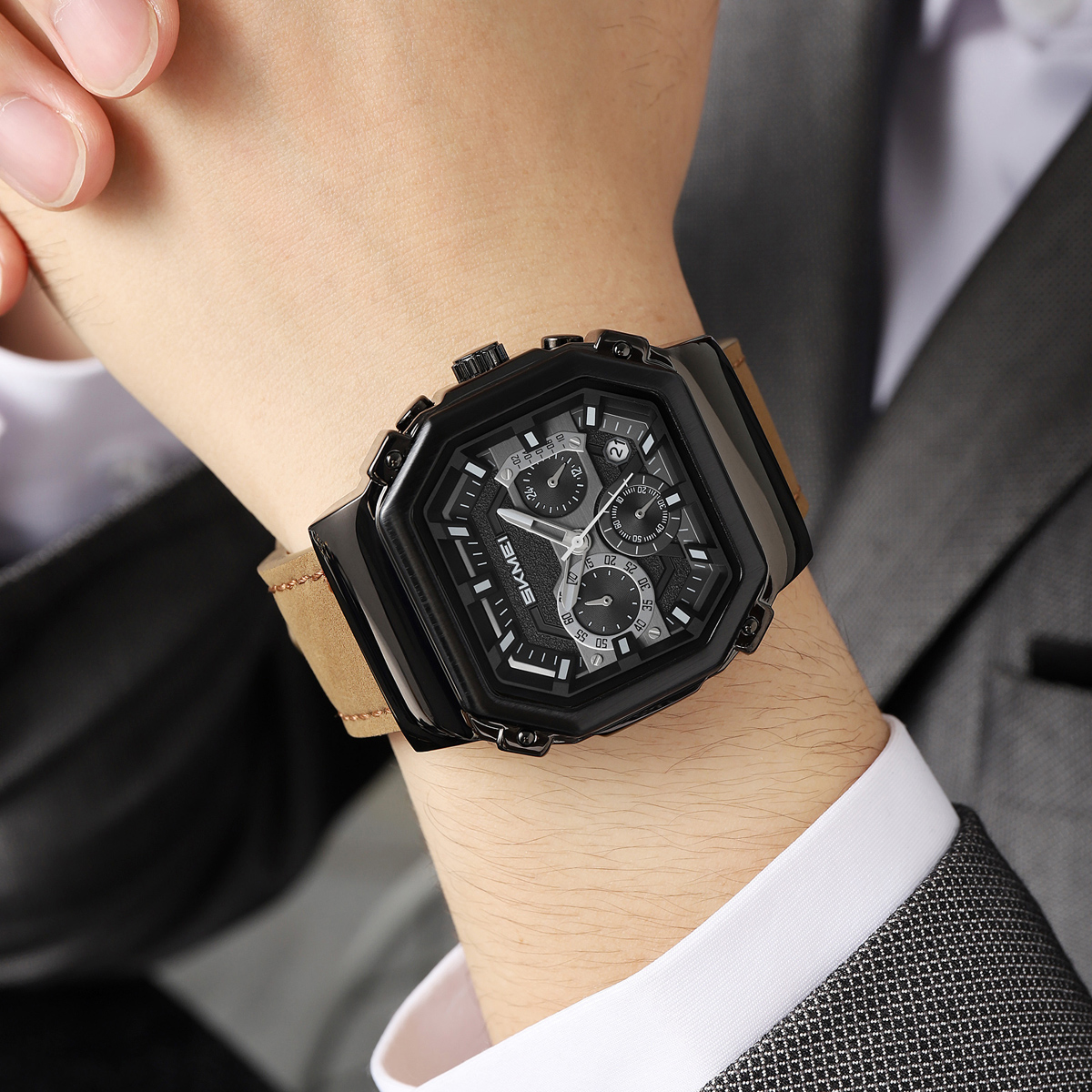 SKMEI 2518 Leather Silicone Strap Shock Outdoor Sport Analog Men Quartz Watch