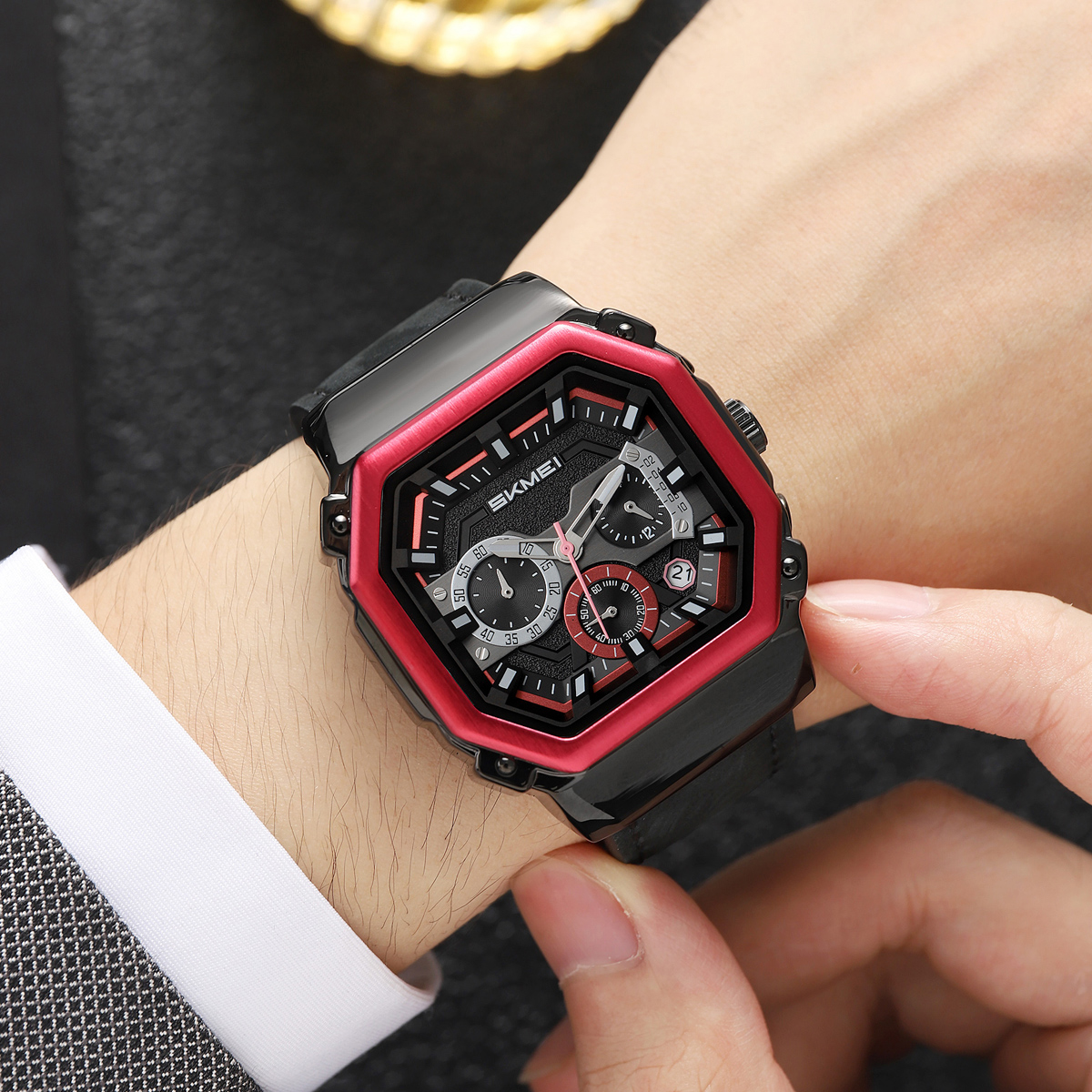 SKMEI 2518 Leather Silicone Strap Shock Outdoor Sport Analog Men Quartz Watch
