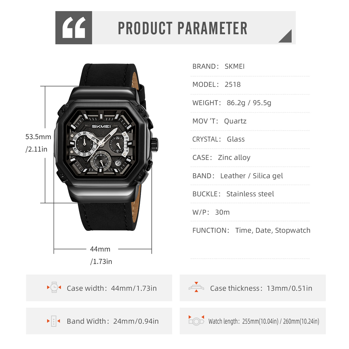 SKMEI 2518 Leather Silicone Strap Shock Outdoor Sport Analog Men Quartz Watch