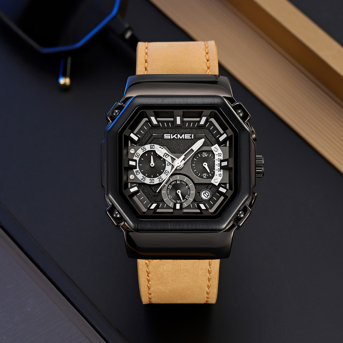 SKMEI 2518 Leather Silicone Strap Shock Outdoor Sport Analog Men Quartz Watch