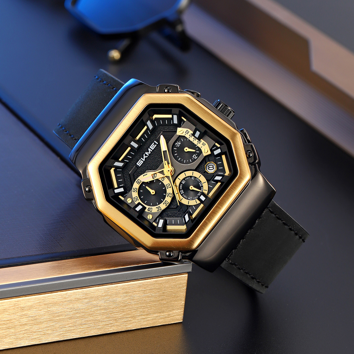 SKMEI 2518 Leather Silicone Strap Shock Outdoor Sport Analog Men Quartz Watch