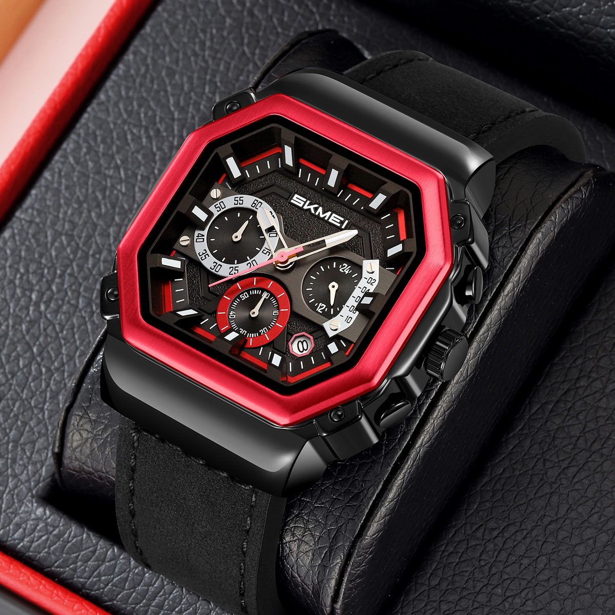 SKMEI 2518 Leather Silicone Strap Shock Outdoor Sport Analog Men Quartz Watch