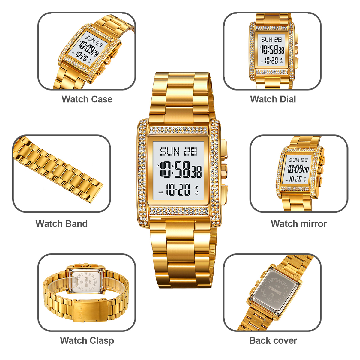 SKMEI 2520 Men's Luxury Business Gold Stainless Steel Wristwatch Square Dial digital watch