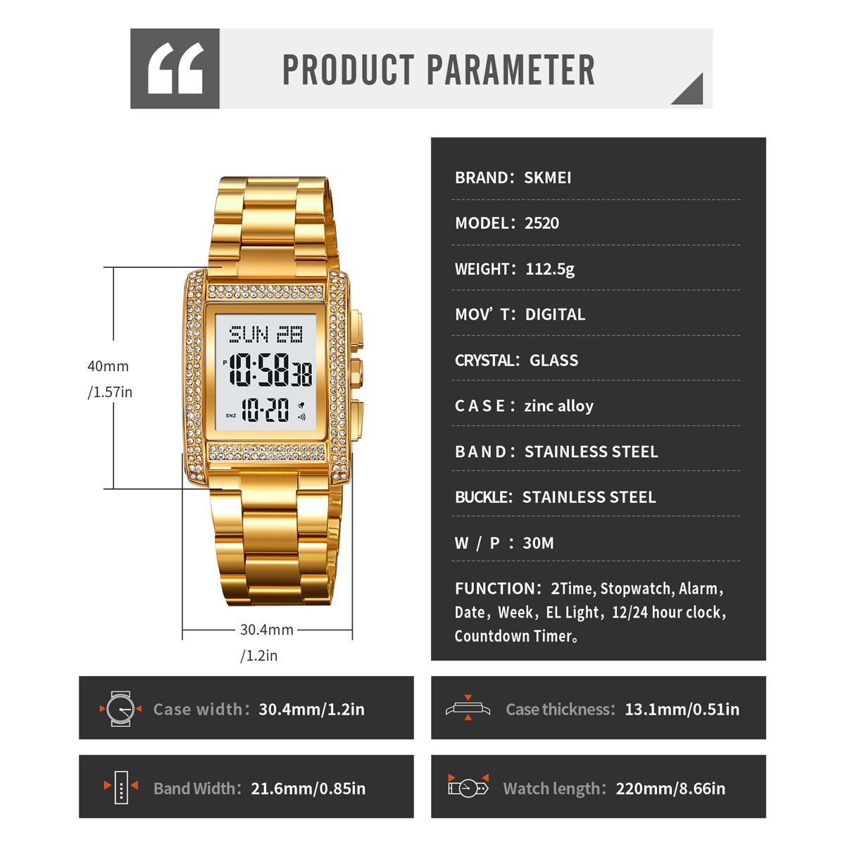 SKMEI 2520 Men's Luxury Business Gold Stainless Steel Wristwatch Square Dial digital watch