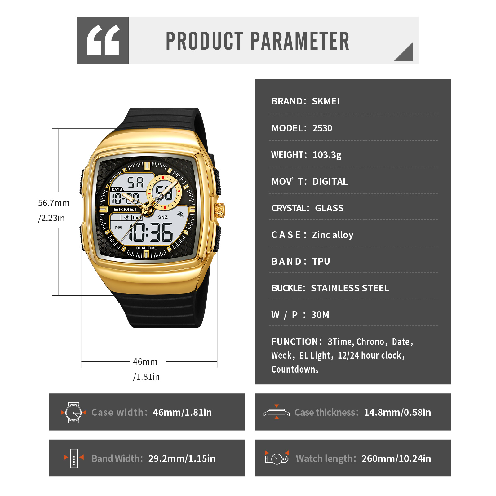 SKMEI 2530 Outdoor Analog Sports Square Men's Electronic Square Dial Watch