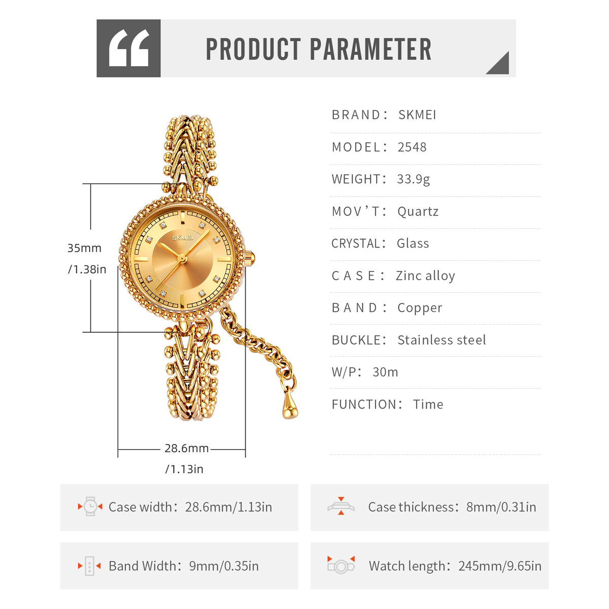 Skmei 2548 Elegant Stylish Fashion Lady Small Size Copper Strap Alloy Case Watches