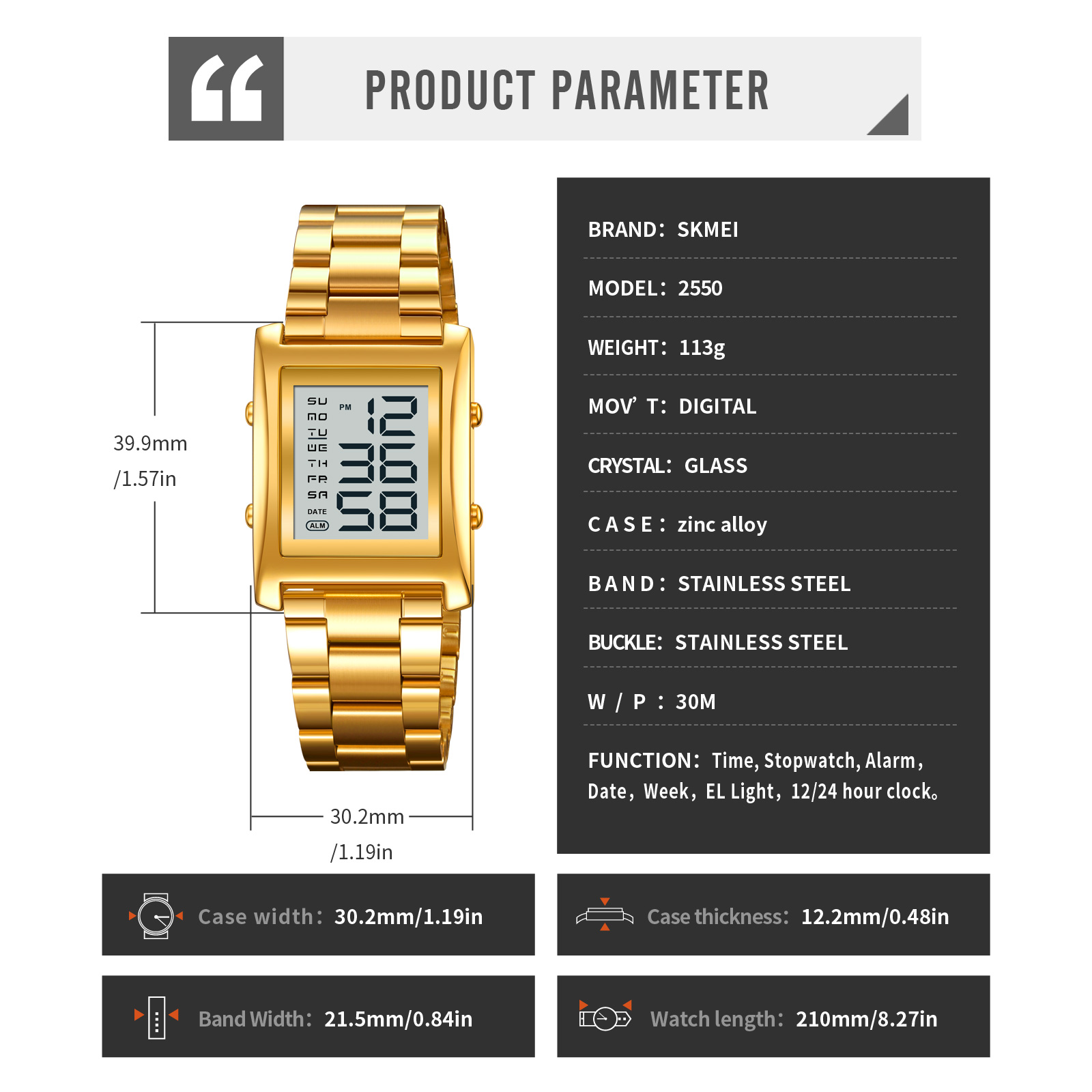  Men's SKMEI 2550 Digital Watch Waterproof LED Lights with Stainless Steel and Luminous Alarm