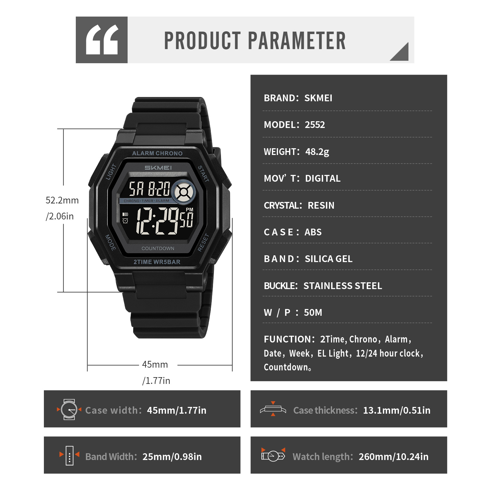 SKMEI 2552 Stylish OEM Man Digital Watch Water Proof Calender Concise Sports Watch Manufacturer