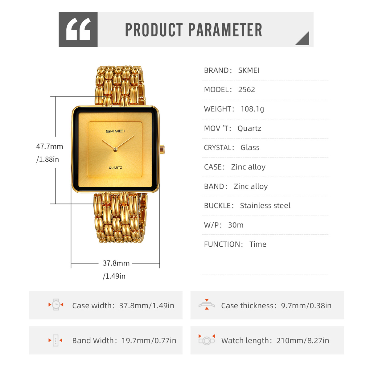 SKMEI 2562 Square Watch for Men And Women Quartz Watch