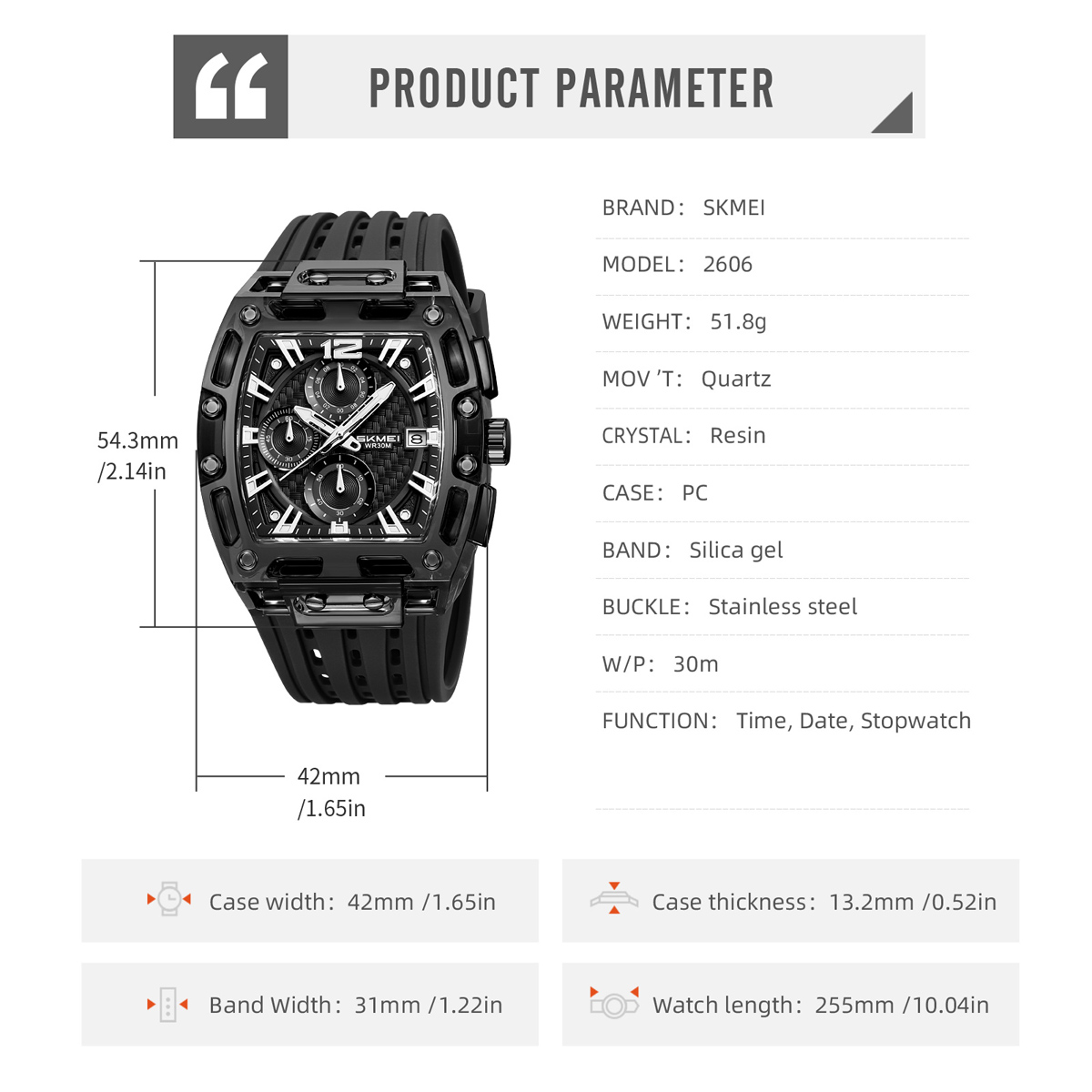 SKMEI 2606 silicon strap quartz watches