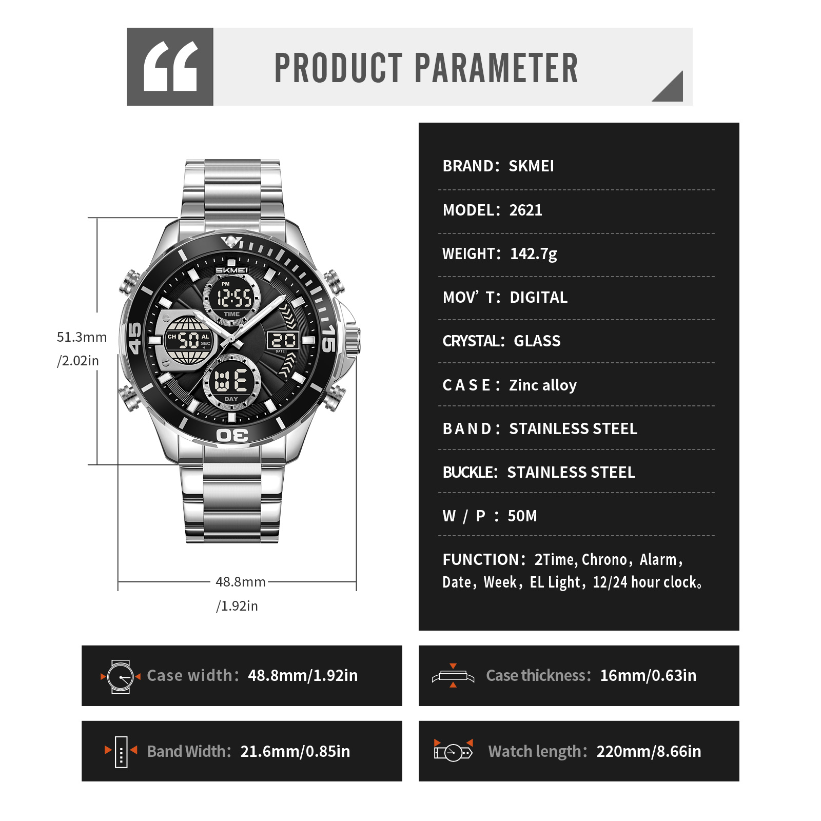 SKMEI Model 2621 Bold Chronograph Analog-Digital Sports Watches