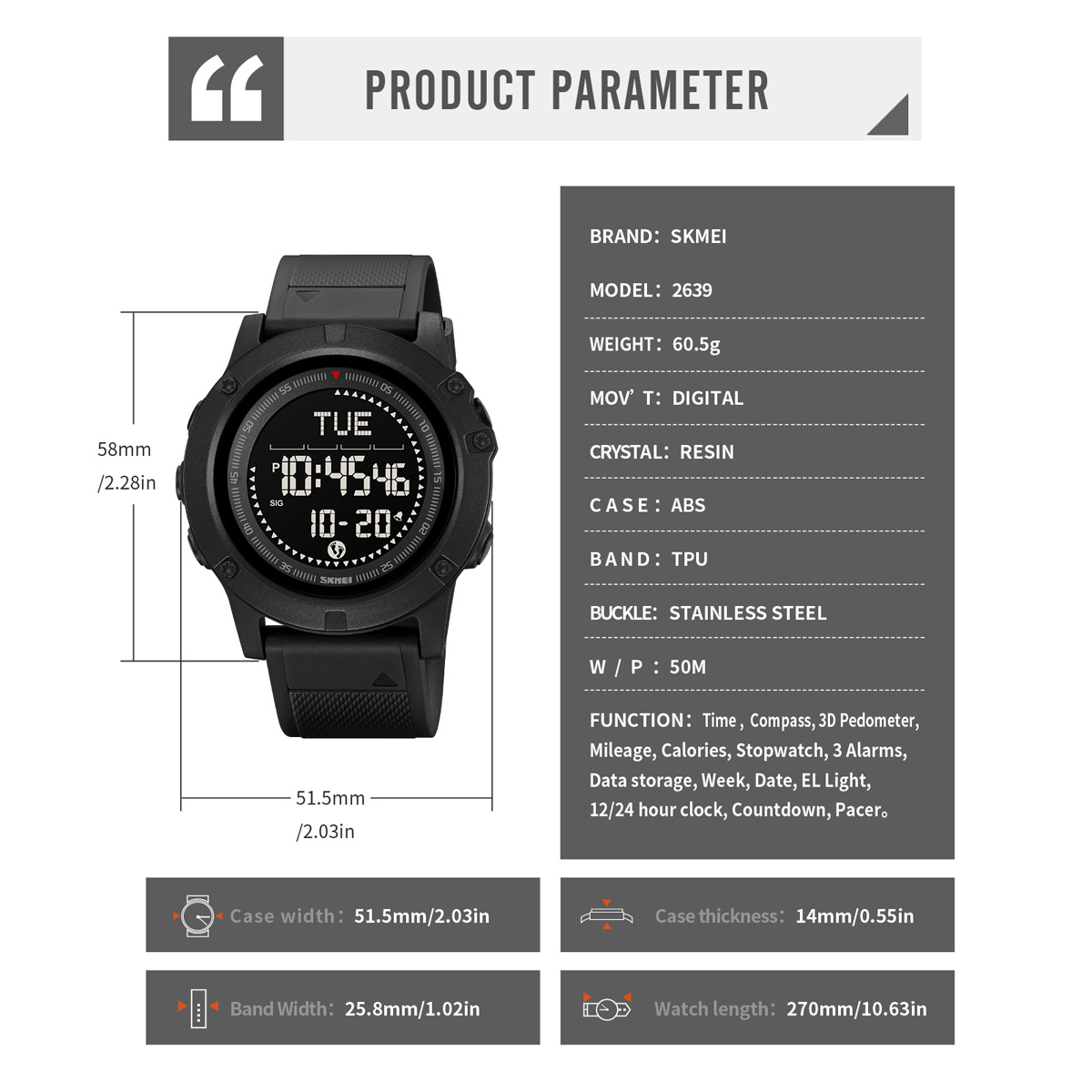 SKMEI 2639 Men's Outdoor Sports Digital Watch Pedometer 