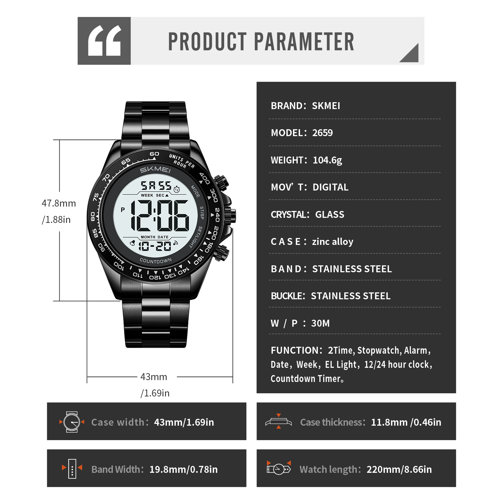 SKMEI Model 2659 Stainless Steel Chronograph Digital Watches
