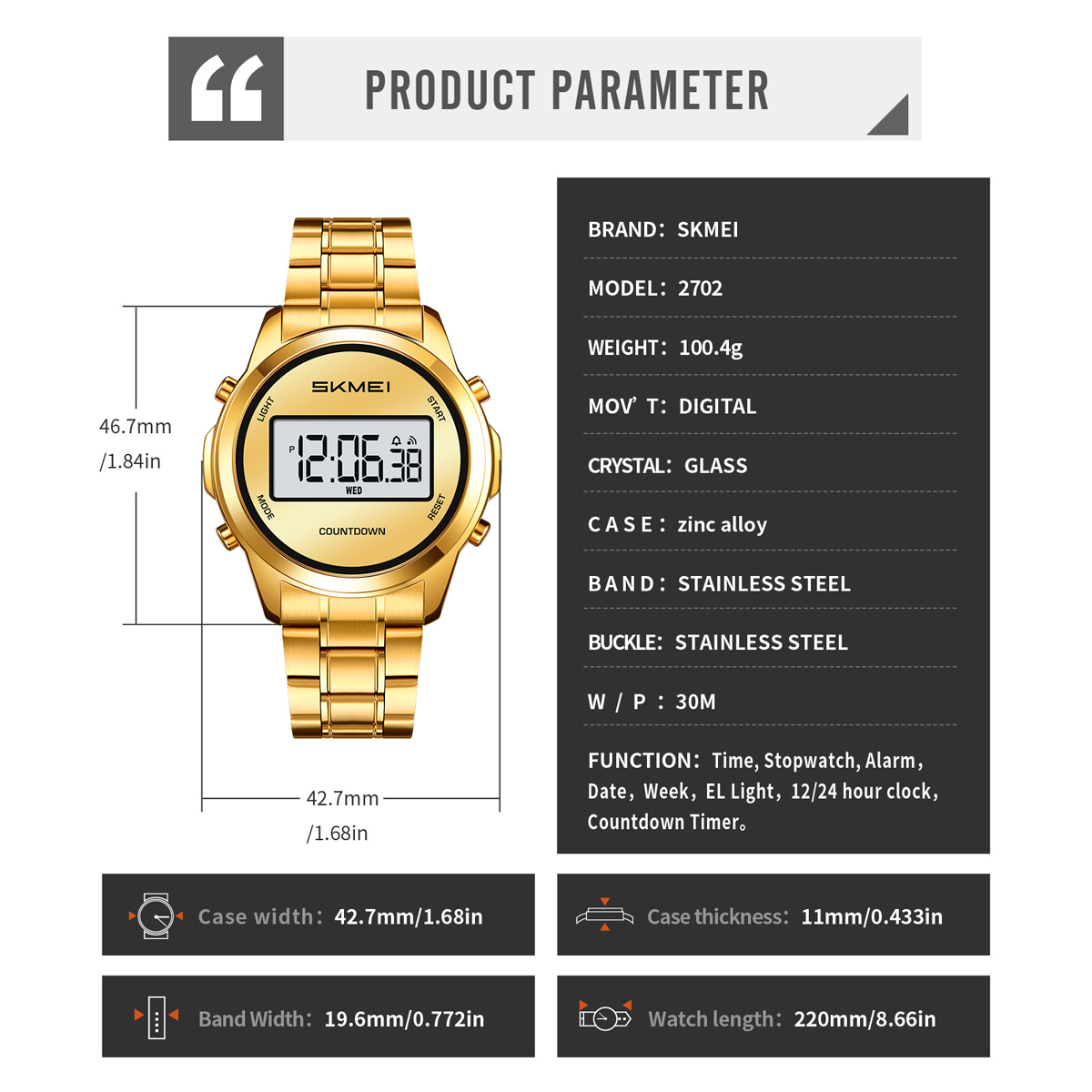SKMEI2702 Men Round Digital Watch Multifunction Electronic Wrist Watch