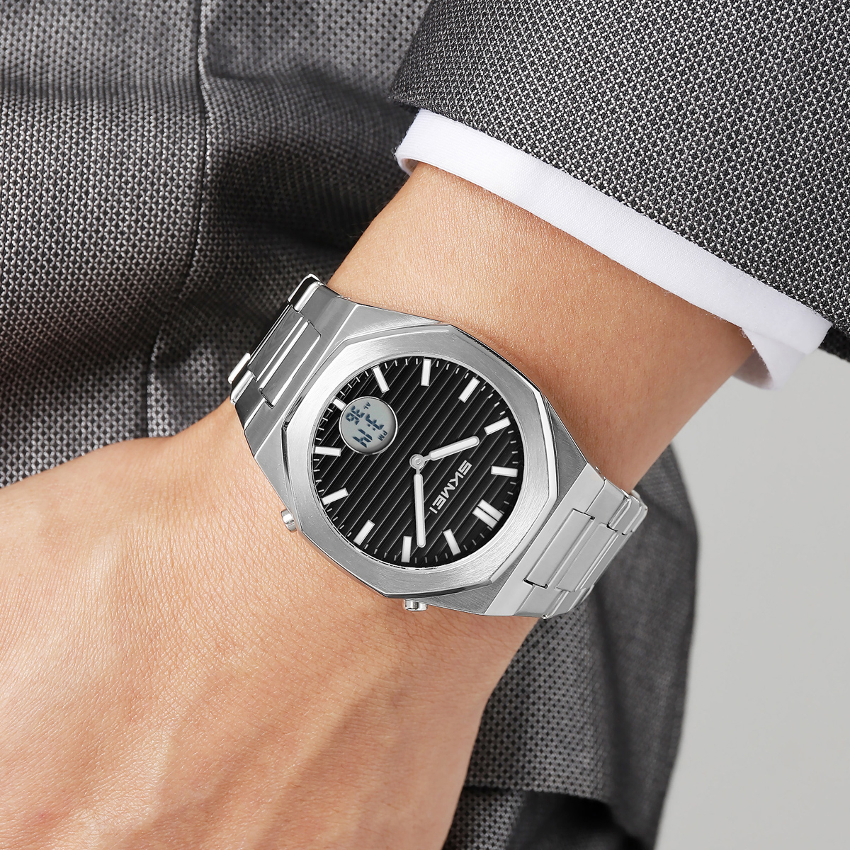 SKMEI2703 Octagon Stainless Steel Analog Digital Business Wristwatch