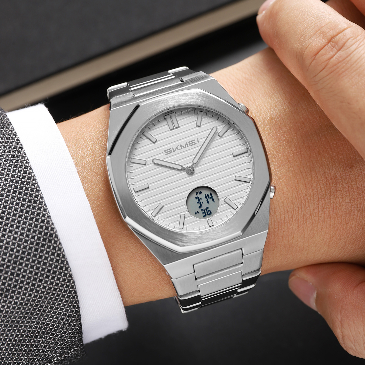 SKMEI2703 Octagon Stainless Steel Analog Digital Business Wristwatch