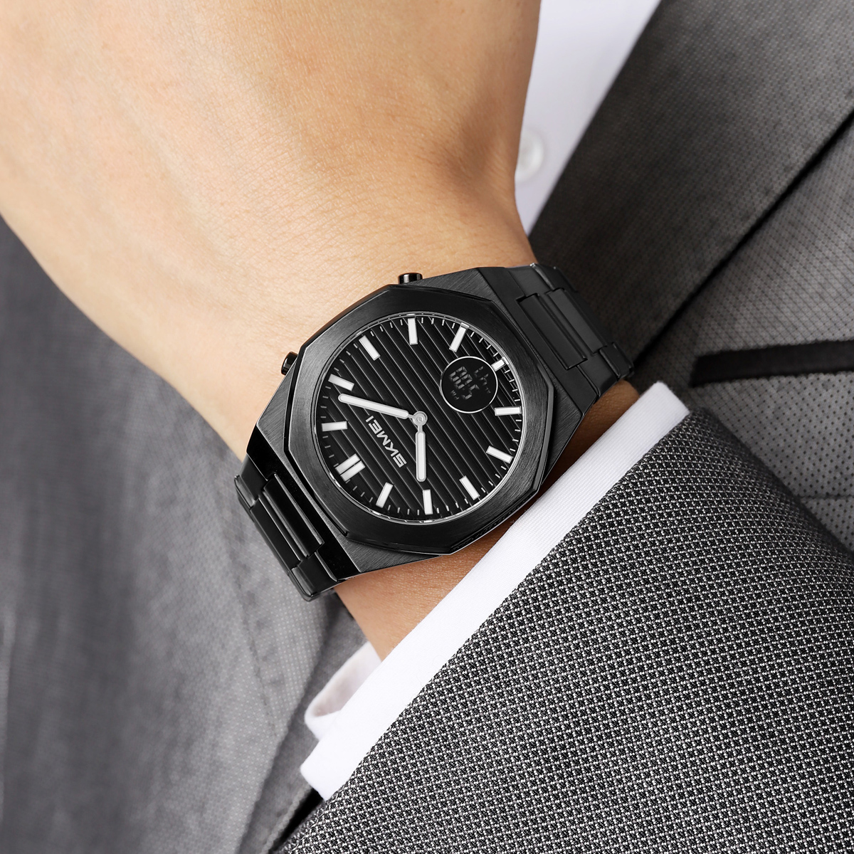 SKMEI2703 Octagon Stainless Steel Analog Digital Business Wristwatch