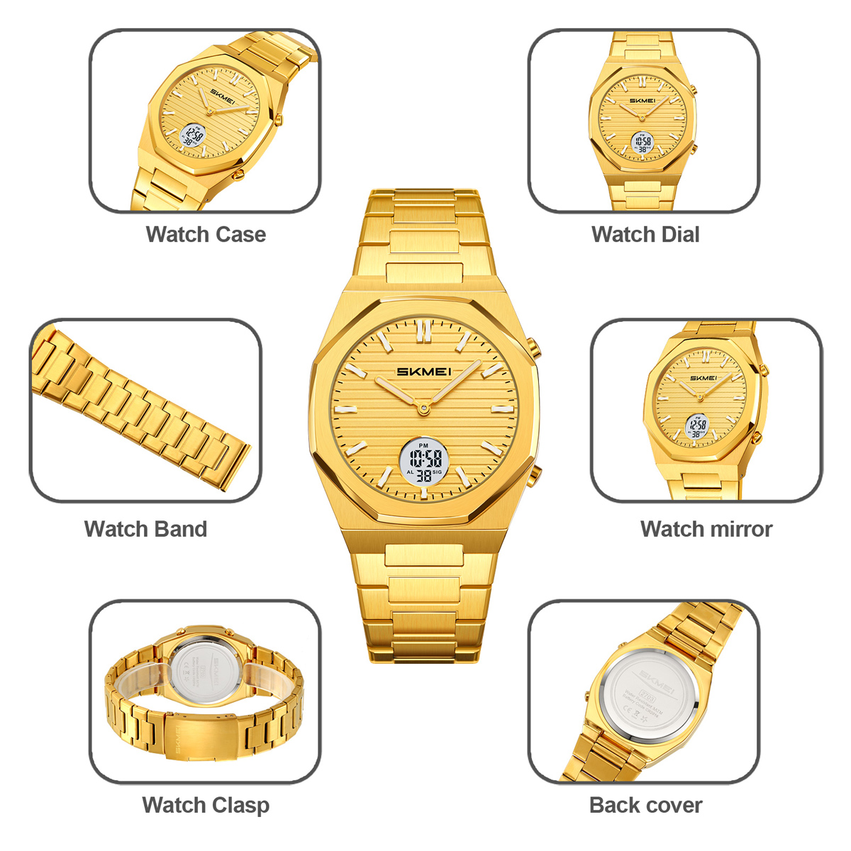 SKMEI2703 Octagon Stainless Steel Analog Digital Business Wristwatch