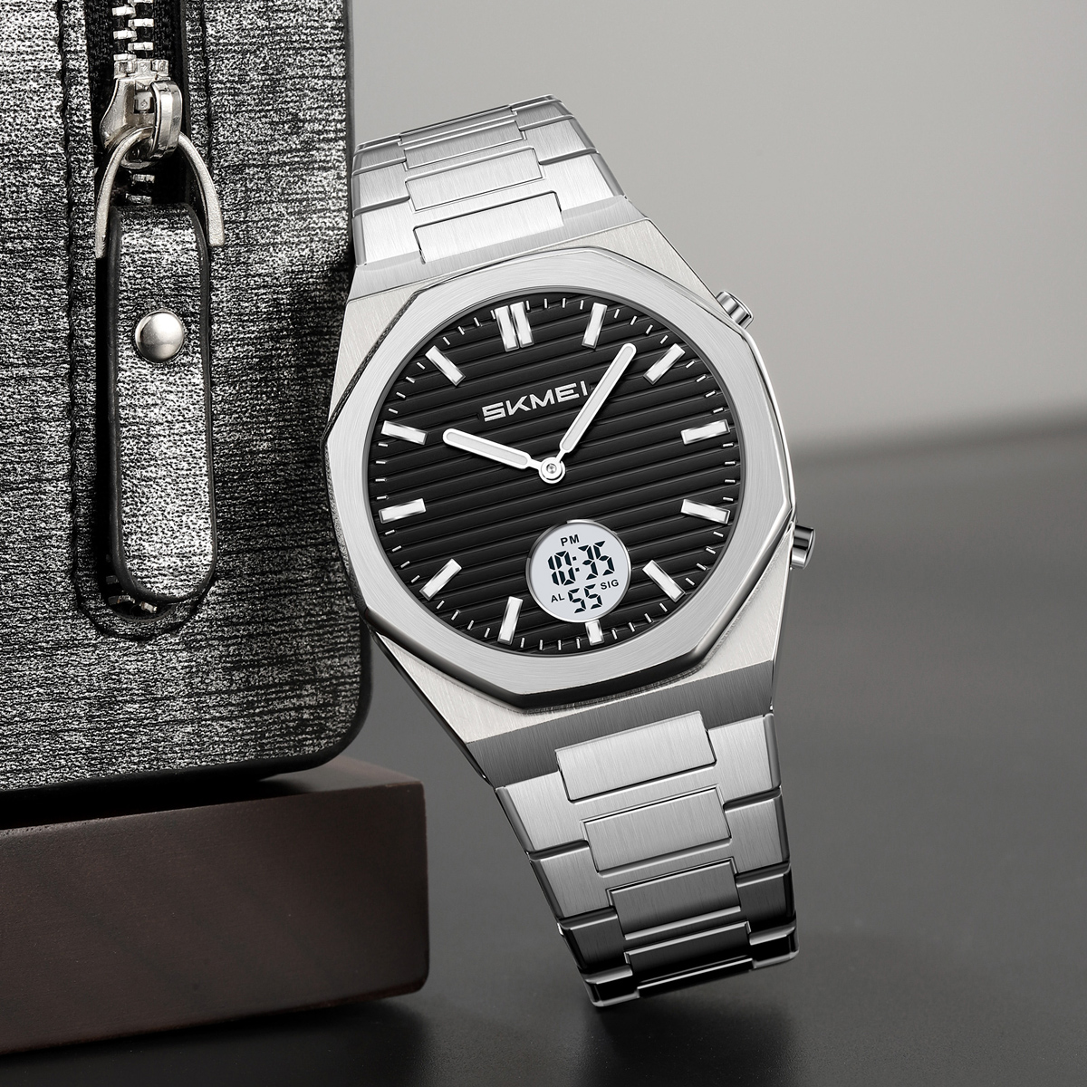 SKMEI2703 Octagon Stainless Steel Analog Digital Business Wristwatch